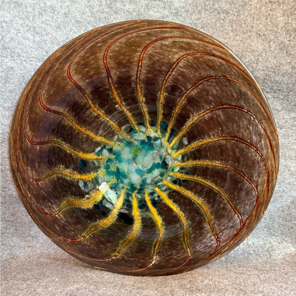 Contemporary Piece Of Art Glass Featuring A Swirling Design Brown, Blue & Yellow